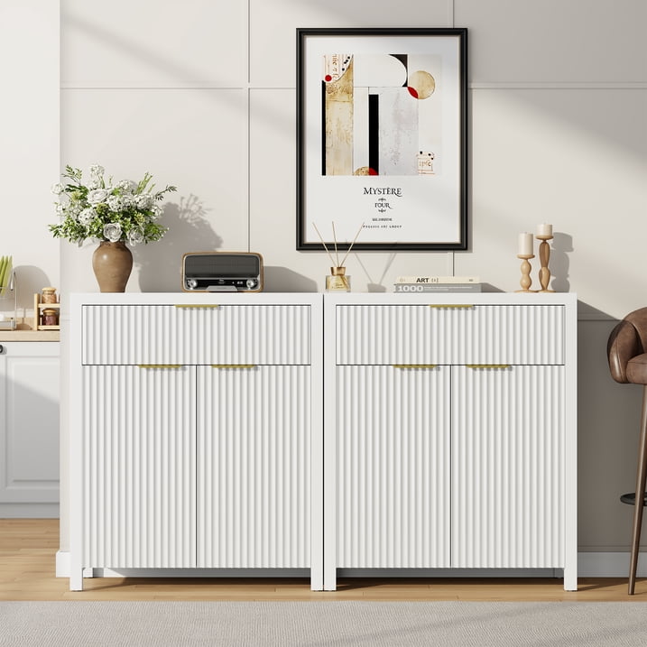 Aufeile Modern Sideboard with Drawer, White Fluted Buffet Cabinet with Adjustable Shelf, Storage Cabinet Home Furniture for Dining Living Room, Kitchen, Entryway