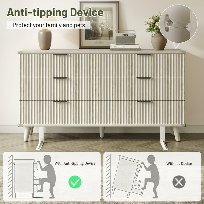 Aufeile 3 Piece Dresser and Nightstand Set for Bedroom, Boho 6 Drawer Dresser & Nightstands Set of 2 with 3 Drawers & USB Charging, Fluted Wood Storage Cabine, Modern Bedroom Furniture Set, White Oak