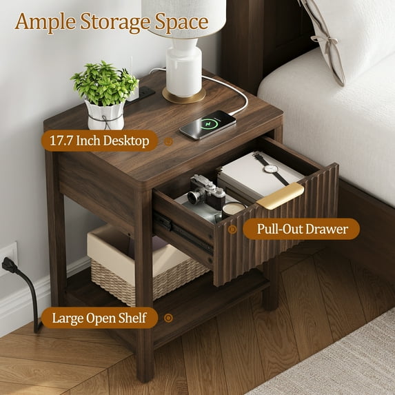 Aufeile Fluted Nightstand with Charging Station, Modern Bedside Table with Drawer & Open Shelf, End Table with 2 AC Outlets, USB & Type-C Ports for Bedroom or Living Room, Walnut