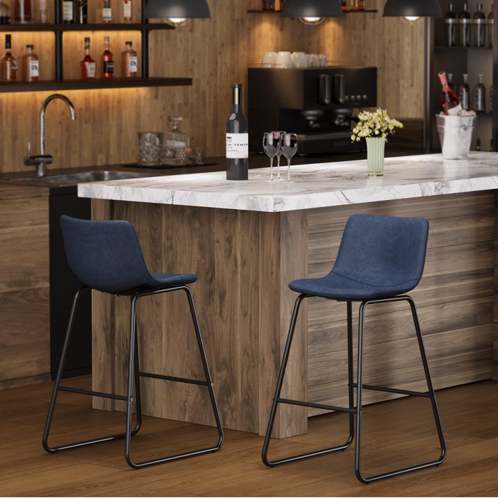 Aufeile 26" Counter Height Bar Stools Set of 2 – Modern Faux Leather Barstools with Back & Metal Legs, Kitchen Bar Chairs for Island, Dining Room, Blue