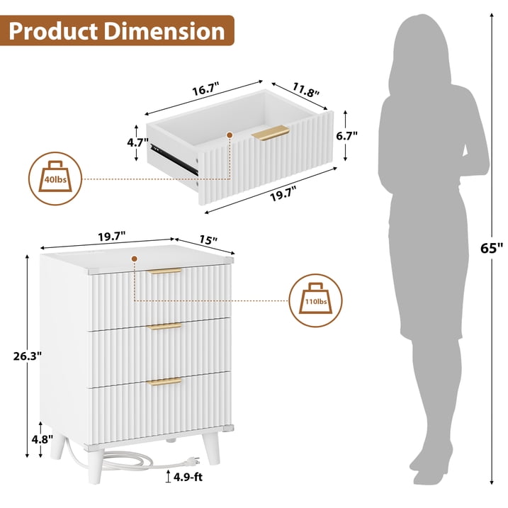 Aufeile 3 Piece Dresser and Nightstand Set for Bedroom, Boho 6 Drawer Dresser & Nightstands Set of 2 with 3 Drawers & USB Charging, Fluted Wood Storage Cabine, Modern Bedroom Furniture Set, White