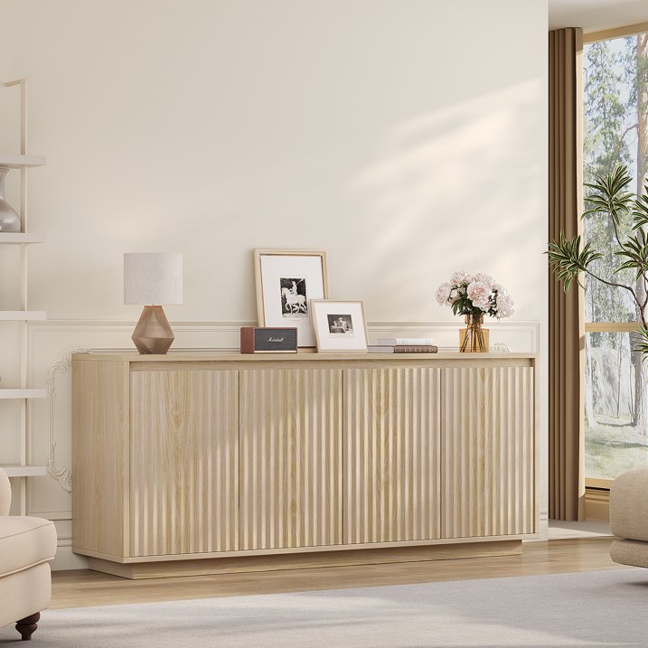 Aufeile 62" Long Sideboard Buffet Cabinet, Fluted Storage Cabinet with Adjustable Shelves for Kitchen Dining Living Room, Natural