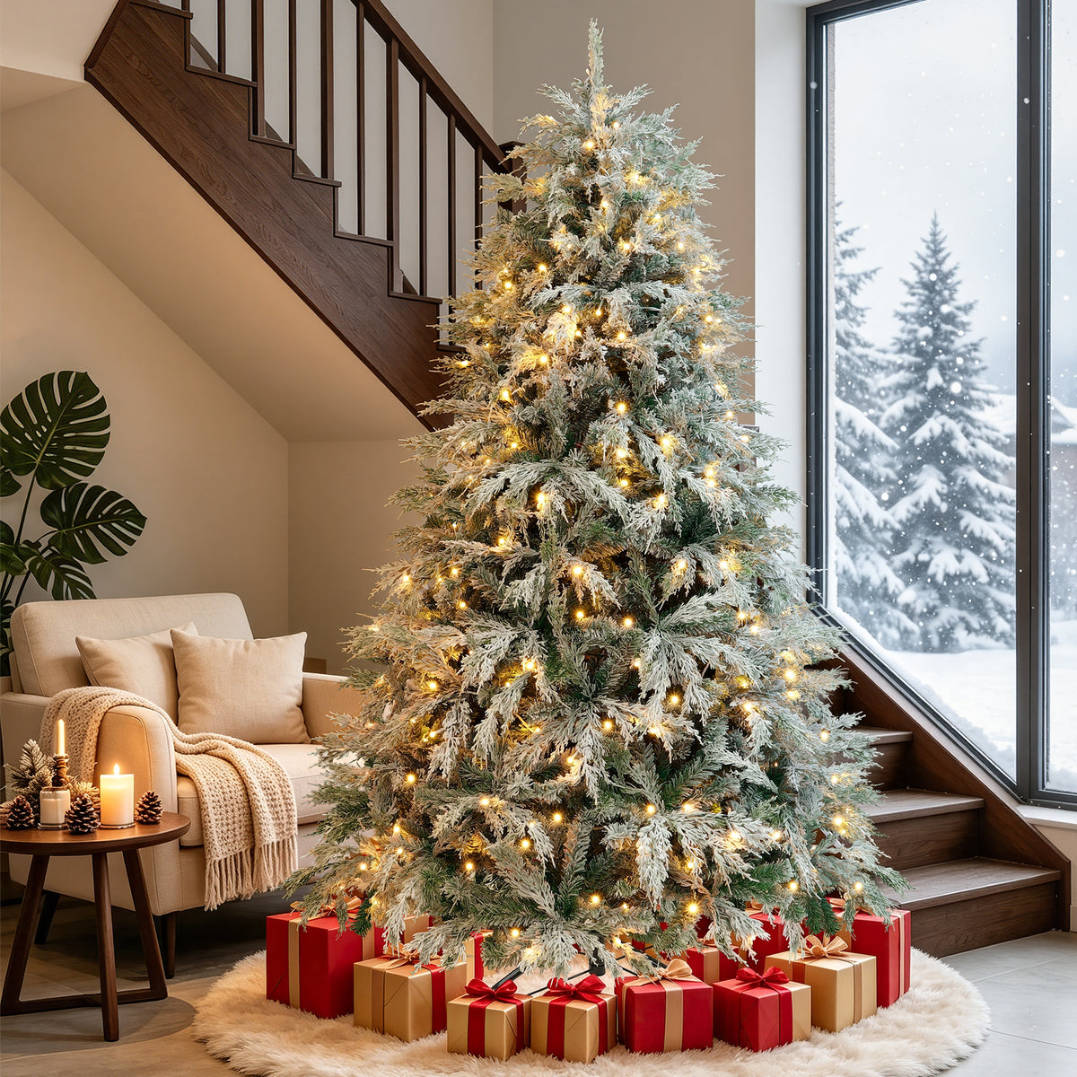 Aufeile 6FT Pre-Lit Snow Flocked Christmas Tree, PE Mixed Artificial Christmas Tree with 1,120 Tips, 300 Warm White Lights, Realistic Flocked Spruce Cedar Xmas Tree for Indoor Holiday Decor