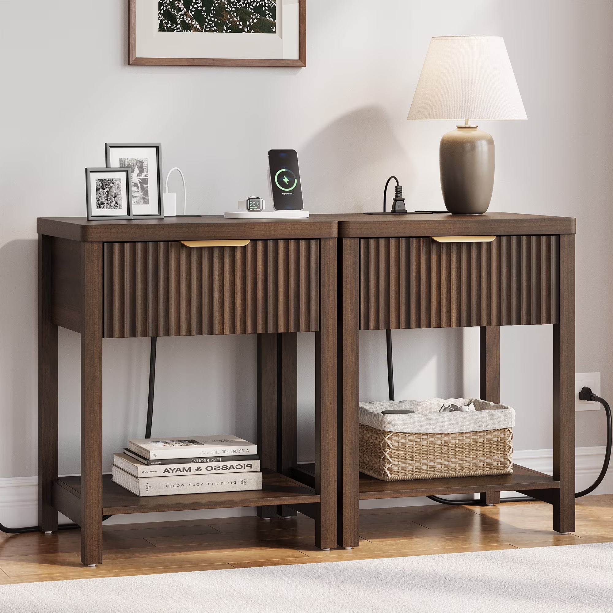 Aufeile Fluted Side Table with Charging Station