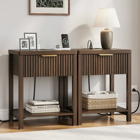 Aufeile Fluted Nightstand with Charging Station, Modern Bedside Table with Drawer & Open Shelf, End Table with 2 AC Outlets, USB & Type-C Ports for Bedroom or Living Room, Walnut