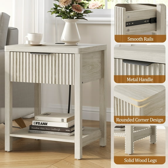 Aufeile Fluted Nightstand with Charging Station, Bedside Table with Drawer & Open Shelf, Small Wood Nightstand with 2 AC Outlets USB & Type-C, Bedroom Side Table, White Gray