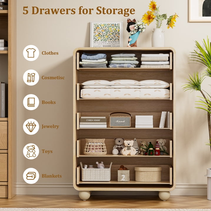 Aufeile 41" Tall Dresser for Bedroom, 5 Drawer Wood Dresser with Curved Profile, Modern Vertical Chest of Drawers, Slim Storage Dresser for Bedroom, Living Room & Entryway, Natural