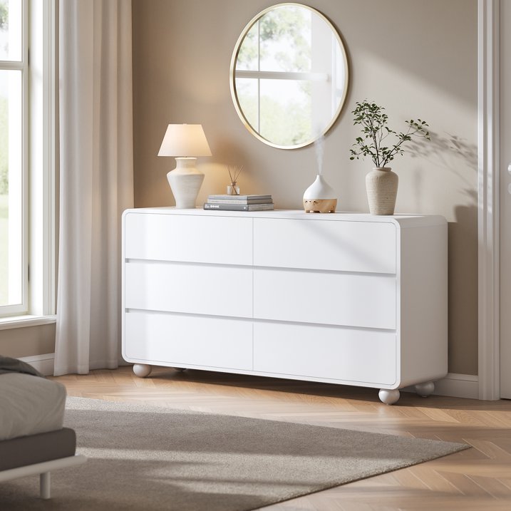 Aufeile Dresser for Bedroom, 6 Drawer Dresser & Chest of Drawers, 53" Modern Chest of Drawers with Curved Profile Design, Wood Dresser Storage Organizer for Adults, White