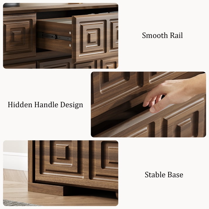 Aufeile Farmhouse Dresser for Bedroom, 54" Wide 6 Drawer Dresser with Carved Panels, Rustic Wooden Chest of Drawers, Long Bedroom Dresser Storage Cabinet for Living Room, Walnut