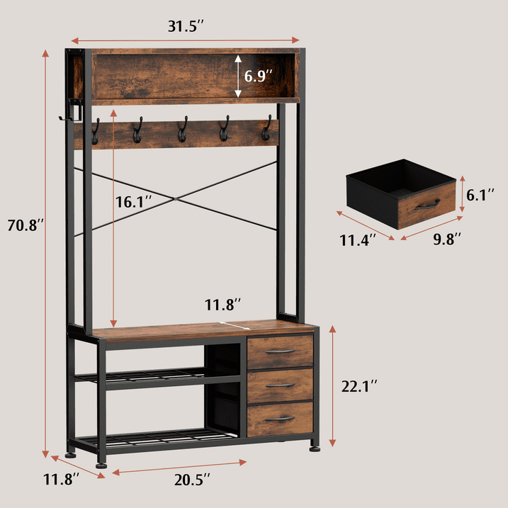 Aufeile Hall Tree with Bench, 5-in-1 Entryway Storage Organizer with Shoe Rack, 7 Hooks, 3 Drawers & Top Shelf, Industrial Coat Rack for Hallway, Living Room, Brown