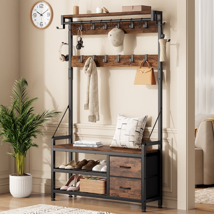 Aufeile 6-in-1 Hall Tree with Bench, Wide Entryway Bench with Shoe Storage, 24 Hooks, 2 Drawers, Hanging Rod & Shelf, Heavy Duty Coat Rack for Hallway, Living Room, Rustic Brown
