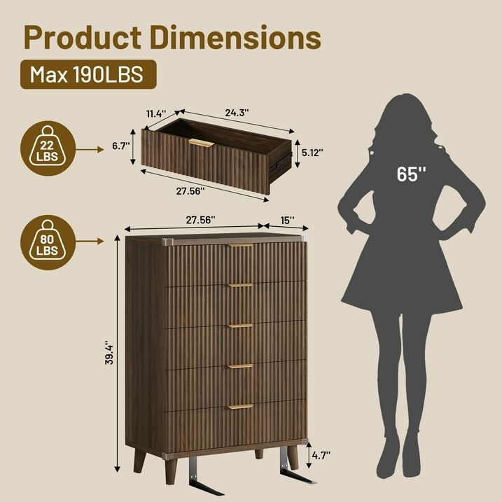 Aufeile 39.4" Tall Dresser for Bedroom, 5 Drawer Fluted Wood Dresser, Modern Chest of Drawers with Wave Panel, Slim Storage Cabinet for Small Spaces, Walnut