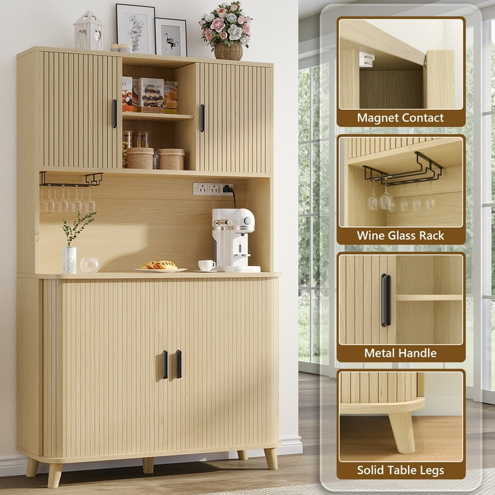 Aufeile Pantry Cabinet, 71" Tall Kitchen Pantry with Outlet, Pantry Storage Cabinet with Countertop and Sliding Doors, 39" Wide Hutch for Dining Room, Living Room, Natural Oak