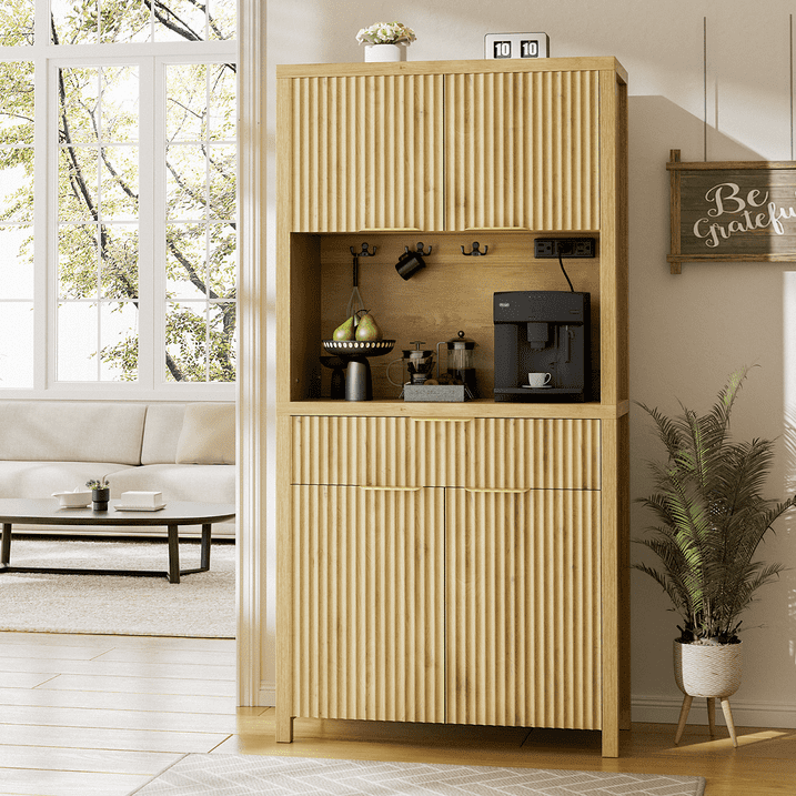 Aufeile 71" Tall Pantry with Drawer and Charging Station, Fluted Pantry Storage Cabinet with Adjustable Shelves for Kitchen Dining Room Living Room, Natural Oak