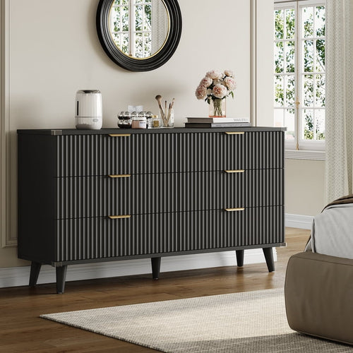 Aufeile 3 Piece Dresser and Nightstand Set for Bedroom, Boho 6 Drawer Dresser & 2 Nightstands with USB Charging, Fluted Wood Storage Cabine, Modern Bedroom Furniture Set, Black