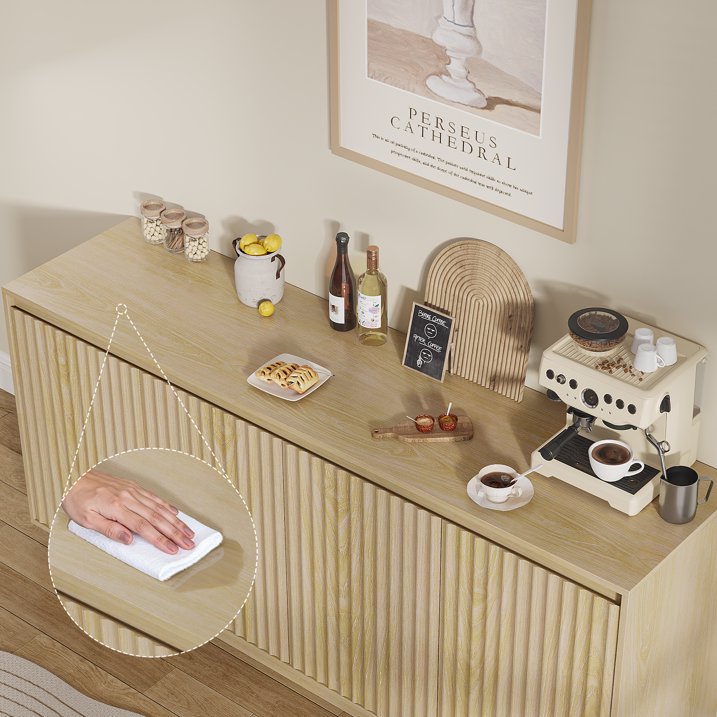 Aufeile 62" Long Sideboard Buffet Cabinet, Fluted Storage Cabinet with Adjustable Shelves for Kitchen Dining Living Room, Natural