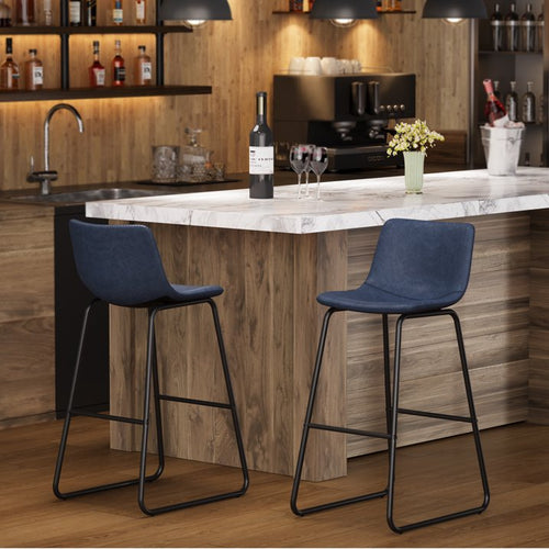 Aufeile 30" Counter Height Bar Stools Set of 2 – Modern Faux Leather Barstools with Back & Metal Legs, Kitchen Bar Chairs for Island, Dining Room, Blue