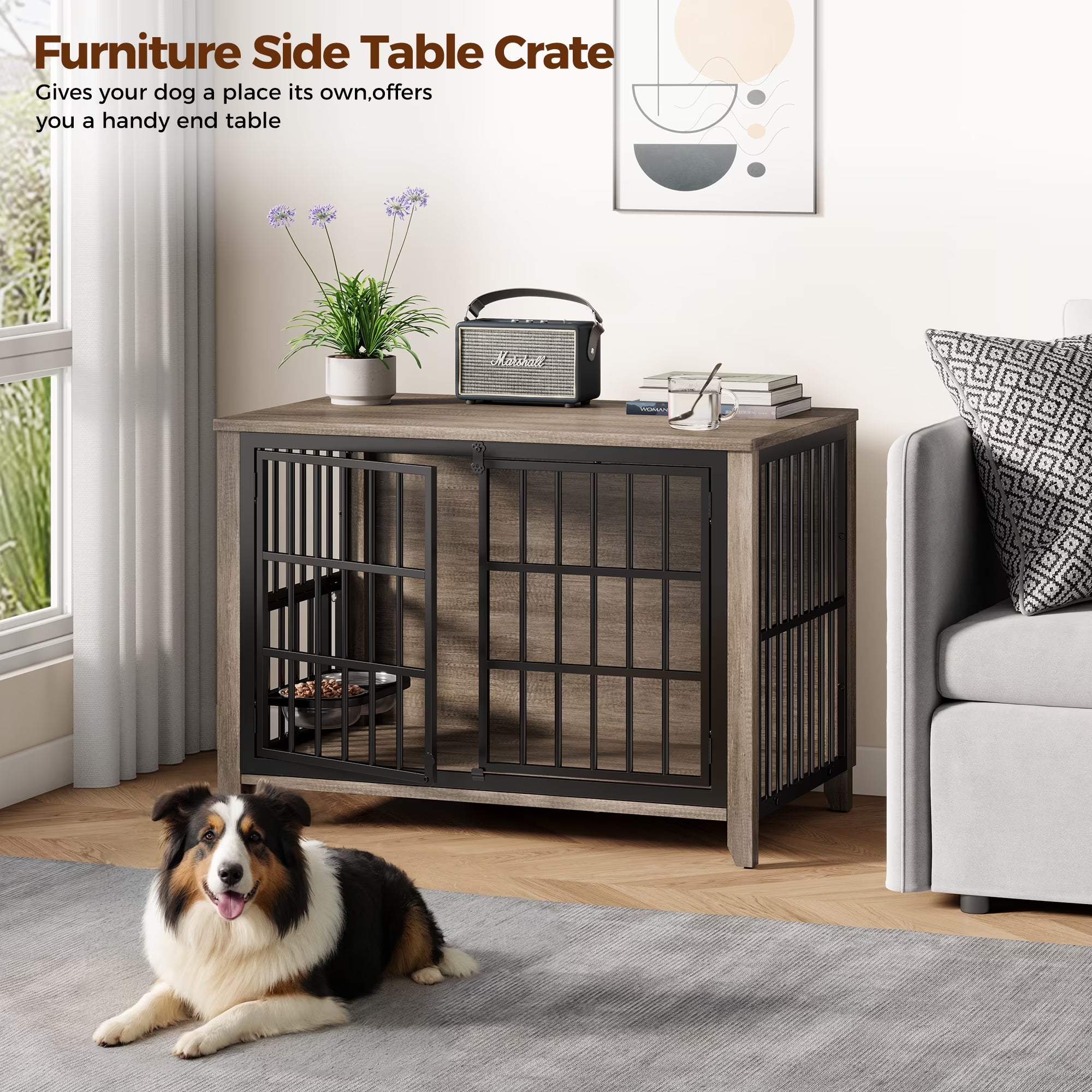 Aufeile Dog Crate with 2 Adjustable Dog Bowls