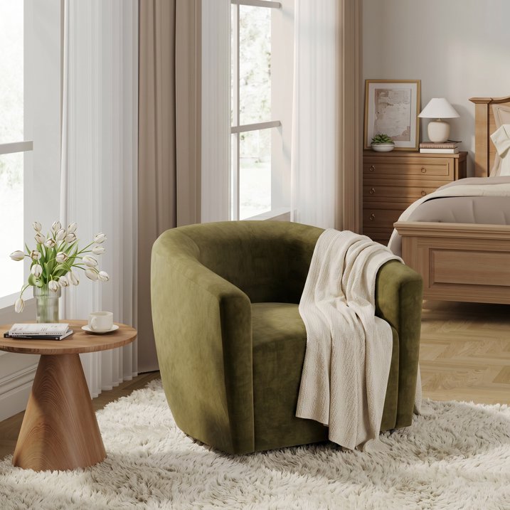 Aufeile Swivel Barrel Accent Chair Set of 2 for Living Room, Modern Round 360° Swivel Chair with Curve Back, Comfy Upholstered Single Sofa Chairs for Bedroom and Office, Green