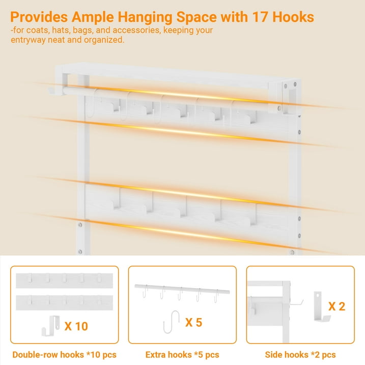 Aufeile Hall Tree with Bench, 6-in-1 Entryway Storage Organizer with Shoe Rack, 17 Hooks, 2 Drawers, Hanging Rod & Top Shelf, Industrial Coat Rack for Hallway, Living Room, White