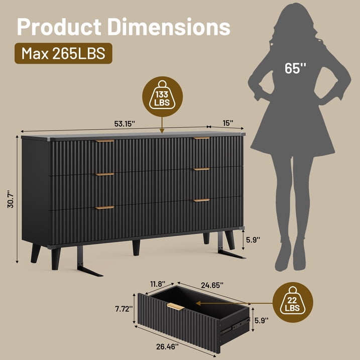 Aufeile 3 Piece Dresser and Nightstand Set for Bedroom, Boho 6 Drawer Dresser & 2 Nightstands with USB Charging, Fluted Wood Storage Cabine, Modern Bedroom Furniture Set, Black