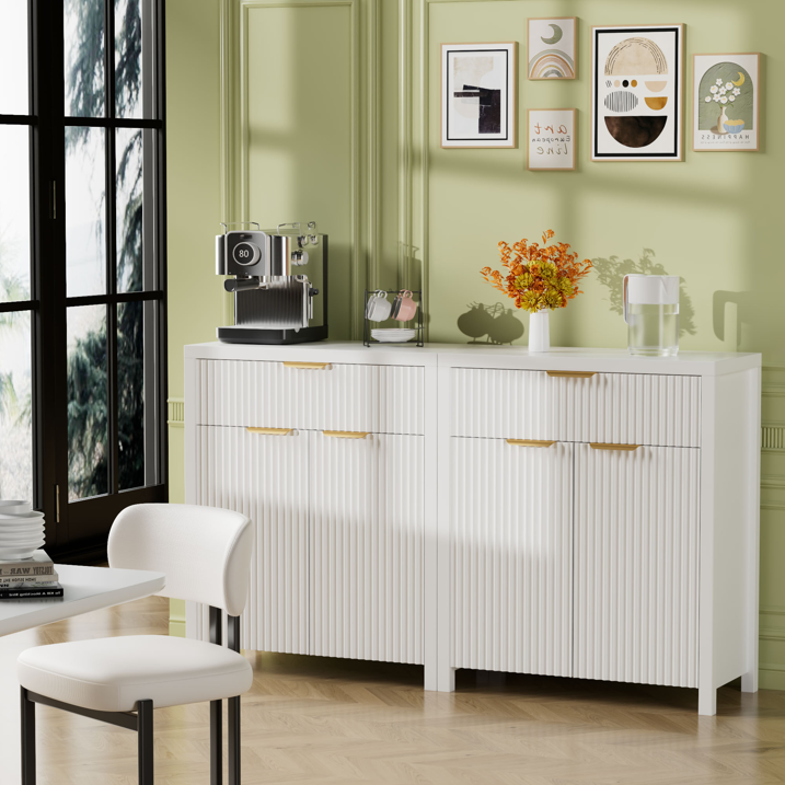 Aufeile 85" W Sideboard Buffet Cabinet with Storage Drawers, Set of 3 Fluted Accent Cabinet with Adjustable Shelves, Modular Storage Cabinet for Dining Room, Kitchen, Living Room, White