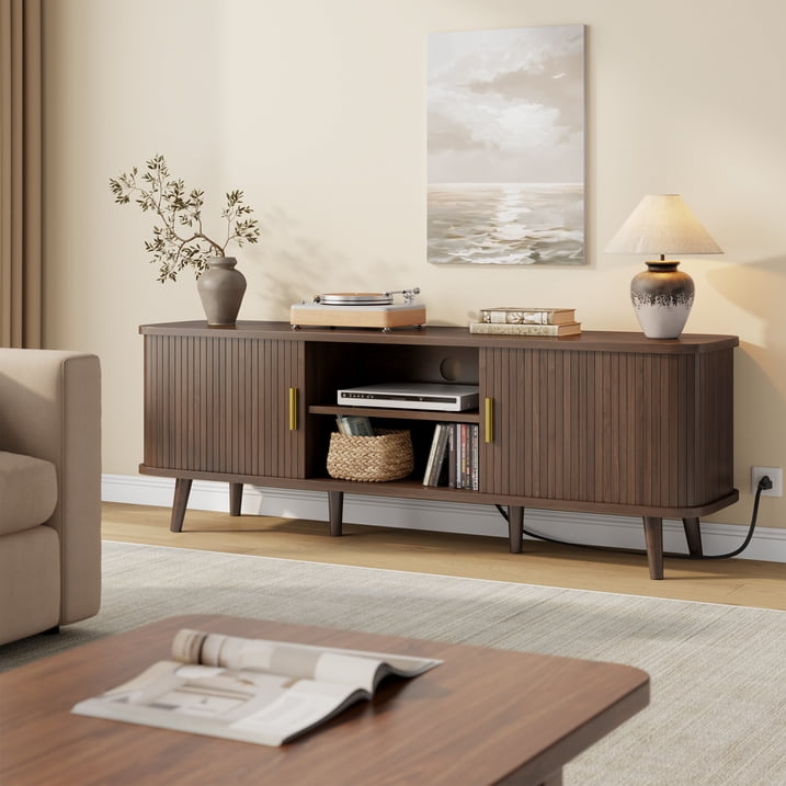Aufeile TV Stand for 65 Inch TV, 59" Modern TV Stand with Power Outlet, Entertainment Center for Living Room, Fluted TV Console & Mueble Para TV with 2 Sliding Tambour Doors, Walnut
