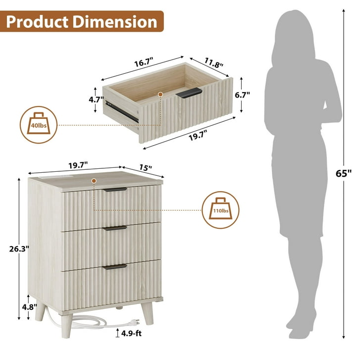 Aufeile 3 Piece Dresser and Nightstand Set for Bedroom, Boho 6 Drawer Dresser & Nightstands Set of 2 with 3 Drawers & USB Charging, Fluted Wood Storage Cabine, Modern Bedroom Furniture Set, White Oak