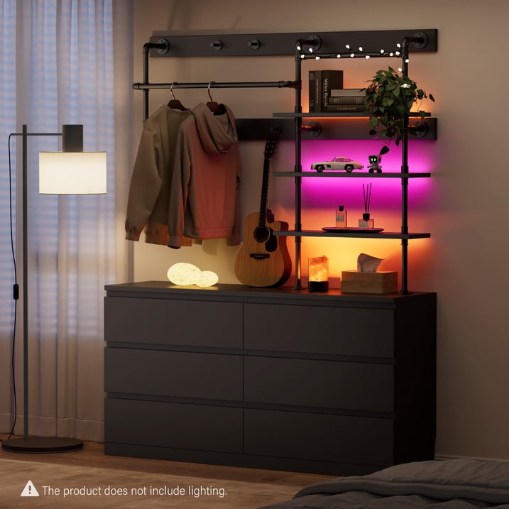 Aufeile 6 Drawer Dresser for Bedroom, 77" Tall Chest of Drawers with Hanging Rack, Industrial Wood Bedroom Dresser, Large Drawer Dresser Closet Organizer for Adults, Black