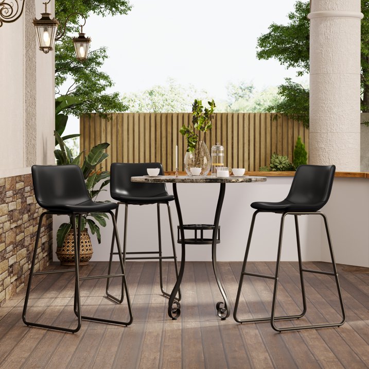 Aufeile 30" Counter Height Bar Stools Set of 3 – Modern Faux Leather Barstools with Back & Metal Legs, Kitchen Bar Chairs for Island, Dining Room, Black