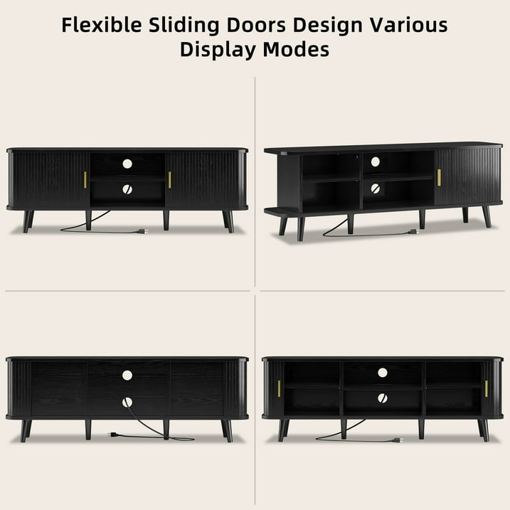 Aufeile TV Stand for 65 Inch TV, 59" Modern TV Stand with Power Outlet, Entertainment Center for Living Room, Fluted TV Console & Mueble Para TV with 2 Sliding Tambour Doors, Black