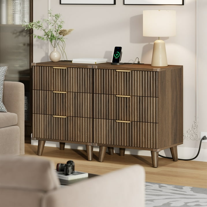 Aufeile 3 Piece Dresser and Nightstand Set for Bedroom, Boho 6 Drawer Dresser & Nightstands Set of 2 with 3 Drawers & USB Charging, Fluted Wood Storage Cabine, Modern Bedroom Furniture Set, Walnut