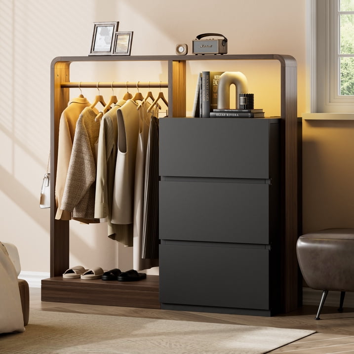Aufeile Dresser for Bedroom, 3 Drawer Dresser with Hanging Rod, LED Lights & Charging Station, Modern Wood Storage Dresser Chest for Bedroom, Closet, Entryway, Black