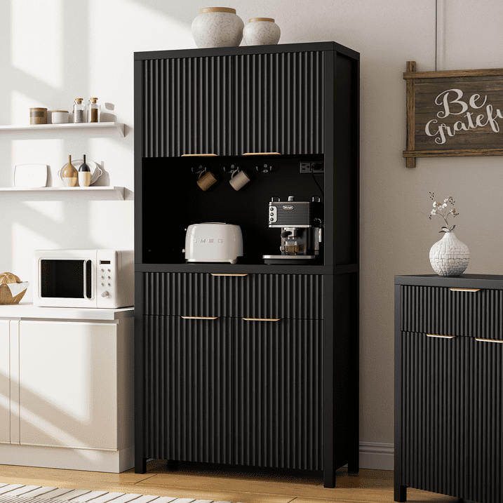Aufeile Fluted Kitchen Pantry Storage Cabinet, 71" Tall Wood Pantry Hutch with 2 Adjustable Shelves & Drawer & Charging Station for Dining Room Hallway Living Room, Black
