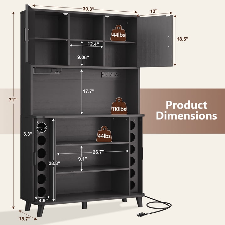 Aufeile 71" Kitchen Pantry Storage Cabinet with Charging Station, Coffee Bar Station with Tambour Sliding Door, 39" W Large Hutch with Adjustable Shelves for Kitchen, Dining Living Room, Black