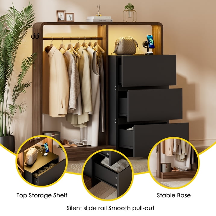 Aufeile Dresser for Bedroom, 3 Drawer Dresser with Hanging Rod, LED Lights & Charging Station, Modern Wood Storage Dresser Chest for Bedroom, Closet, Entryway, Black