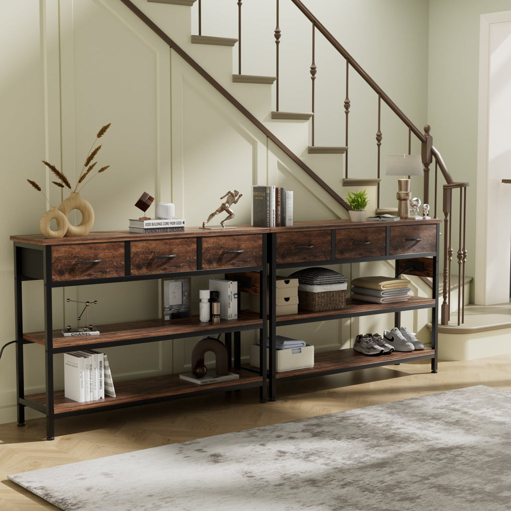 Aufeile 43" Narrow Console Table, Entryway Table with 3 Drawers and Outlets, Fabirc Sofa Table with Open Shelves for Couch, Hallway, Foyer, Living Room, Brown