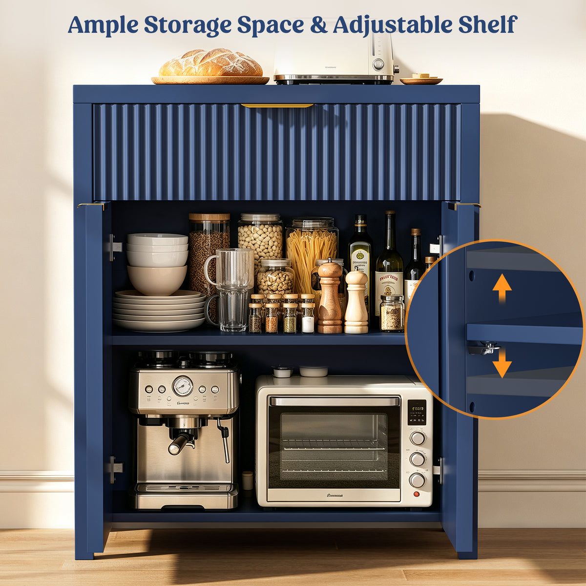 Aufeile Set of 3 Sideboard Buffet Cabinet with Storage, Modern Modular Fluted Accent Cabinet with 3 Drawers & Adjustable Shelves for Dining Room Living Room, Blue
