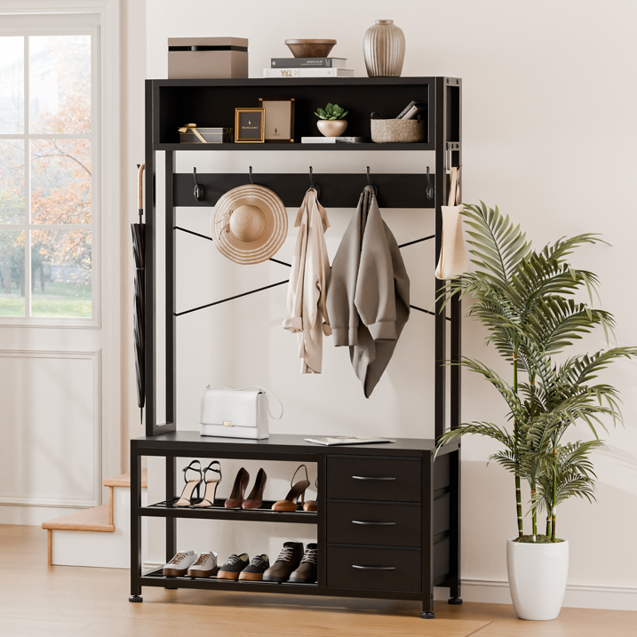 Aufeile Hall Tree with Bench, 5-in-1 Entryway Storage Organizer with Shoe Rack, 7 Hooks, 3 Drawers & Top Shelf, Industrial Coat Rack for Hallway, Living Room, Black