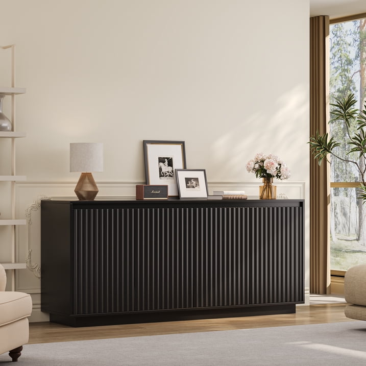 Aufeile 62" Long Sideboard Buffet Cabinet, Fluted Storage Cabinet with Adjustable Shelves for Kitchen Dining Living Room, Black