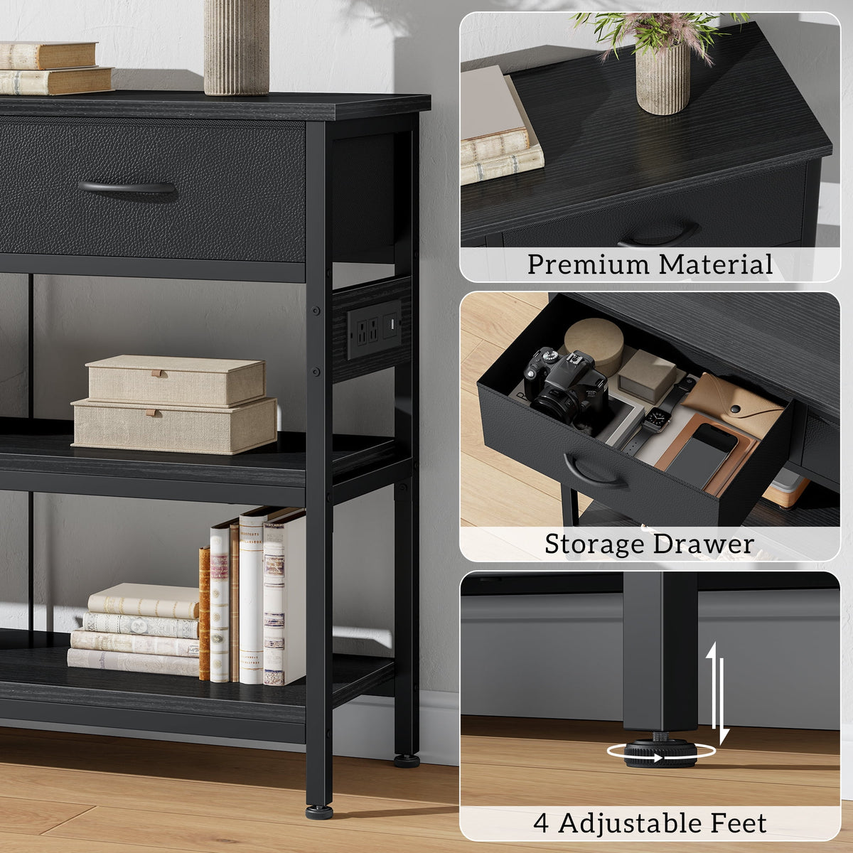 Aufeile 55" Console Table for Entryway, Fabric Sofa Table with 3 Drawers, Outlet and Open Shelves, Entryway Table for Couch, Hallway, Foyer, Living Room, Black
