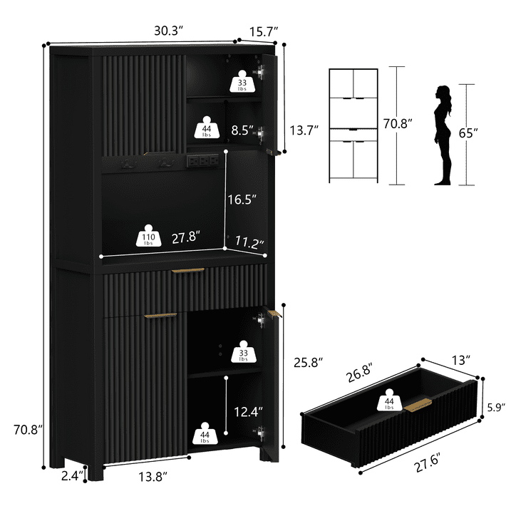 Aufeile Fluted Kitchen Pantry Storage Cabinet, 71" Tall Wood Pantry Hutch with 2 Adjustable Shelves & Drawer & Charging Station for Dining Room Hallway Living Room, Black