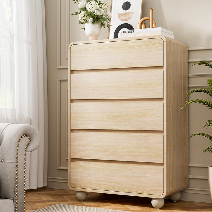 Aufeile 41" Tall Dresser for Bedroom, 5 Drawer Wood Dresser with Curved Profile, Modern Vertical Chest of Drawers, Slim Storage Dresser for Bedroom, Living Room & Entryway, Natural