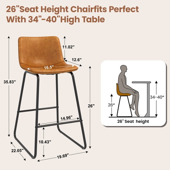 Aufeile 26" Counter Height Bar Stools Set of 3 – Modern Faux Leather Barstools with Back & Metal Legs, Kitchen Bar Chairs for Island, Dining Room, Whiskey Brown