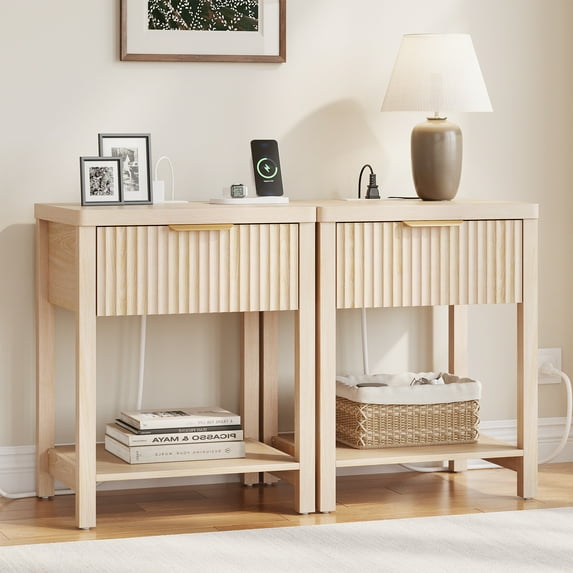 Aufeile Fluted Nightstand with Charging Station, Modern Bedside Table with Drawer & Open Shelf, End Table with 2 AC Outlets, USB & Type-C Ports for Bedroom or Living Room, Natural