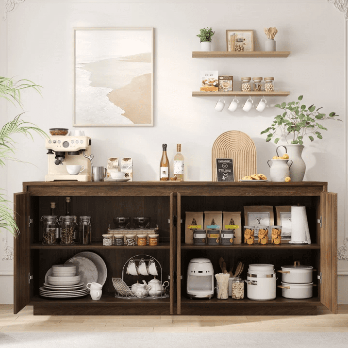 Aufeile 62" Long Sideboard Buffet Cabinet, Fluted Storage Cabinet with Adjustable Shelves for Kitchen Dining Living Room, Walnut