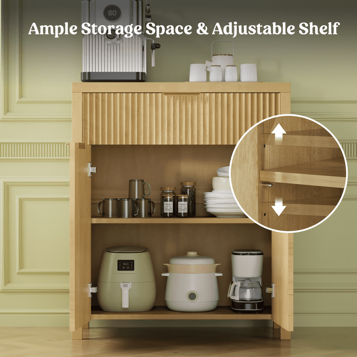 Aufeile 85" W Sideboard Buffet Cabinet with Storage Drawers, Set of 3 Fluted Accent Cabinet with Adjustable Shelves, Modular Storage Cabinet for Dining Room, Kitchen, Living Room, Natural Oak