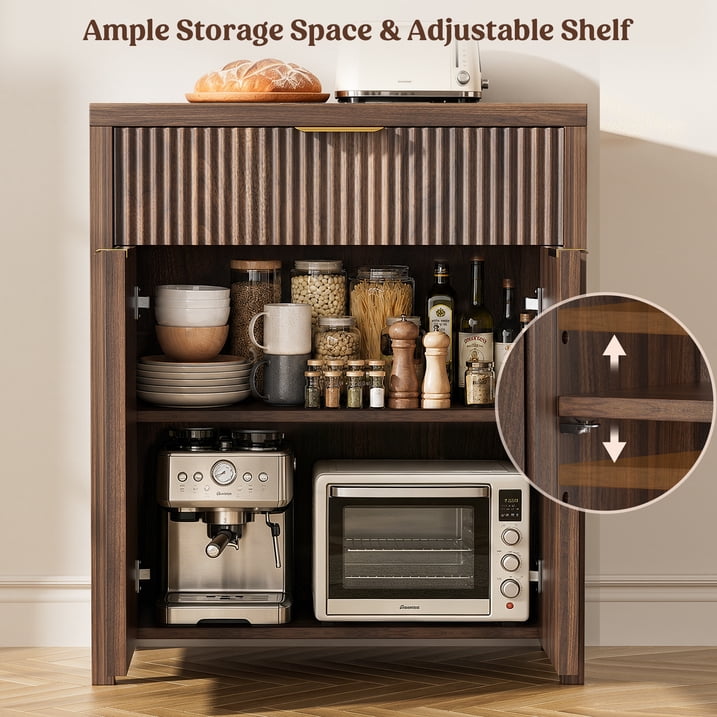 Aufeile 85" W Sideboard Buffet Cabinet with Storage Drawers, Set of 3 Fluted Accent Cabinet with Adjustable Shelves, Modular Storage Cabinet for Dining Room, Kitchen, Living Room, Walnut