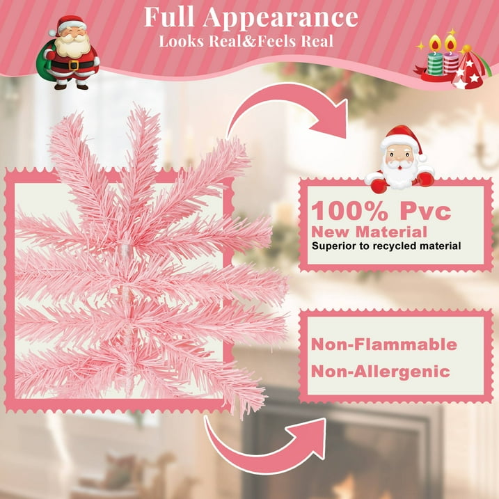 Aufelie Pink Christmas Tree, 6ft unlit Christmas Tree W/ 800 Hinged Branch Tips, Premium Spruce Artificial Xmas Tree with Folding Metal Stand, for Indoor/Outdoor Holiday Decoration