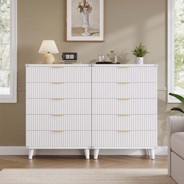 Aufeile 39.4" Tall Dresser for Bedroom, 5 Drawer Fluted Wood Dresser, Modern Chest of Drawers with Wave Panel, Slim Storage Cabinet for Small Spaces, White